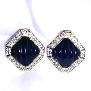 Vtg 1980s Maresco Black Glass Pave Clip Earrings